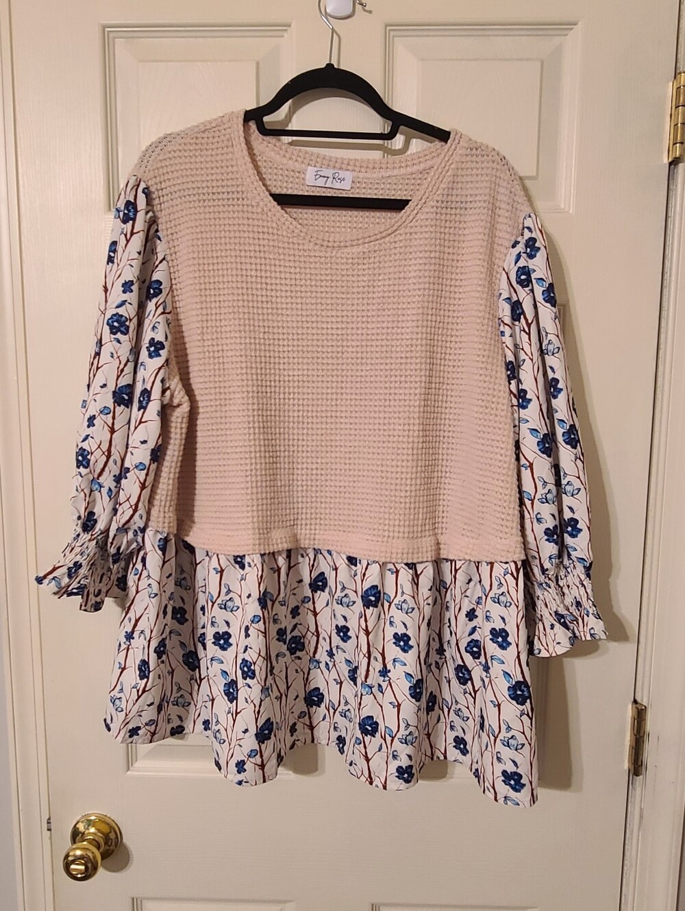 Emmy Rose Cream Waffle-Knit Peplum Top with Blue Floral Hem